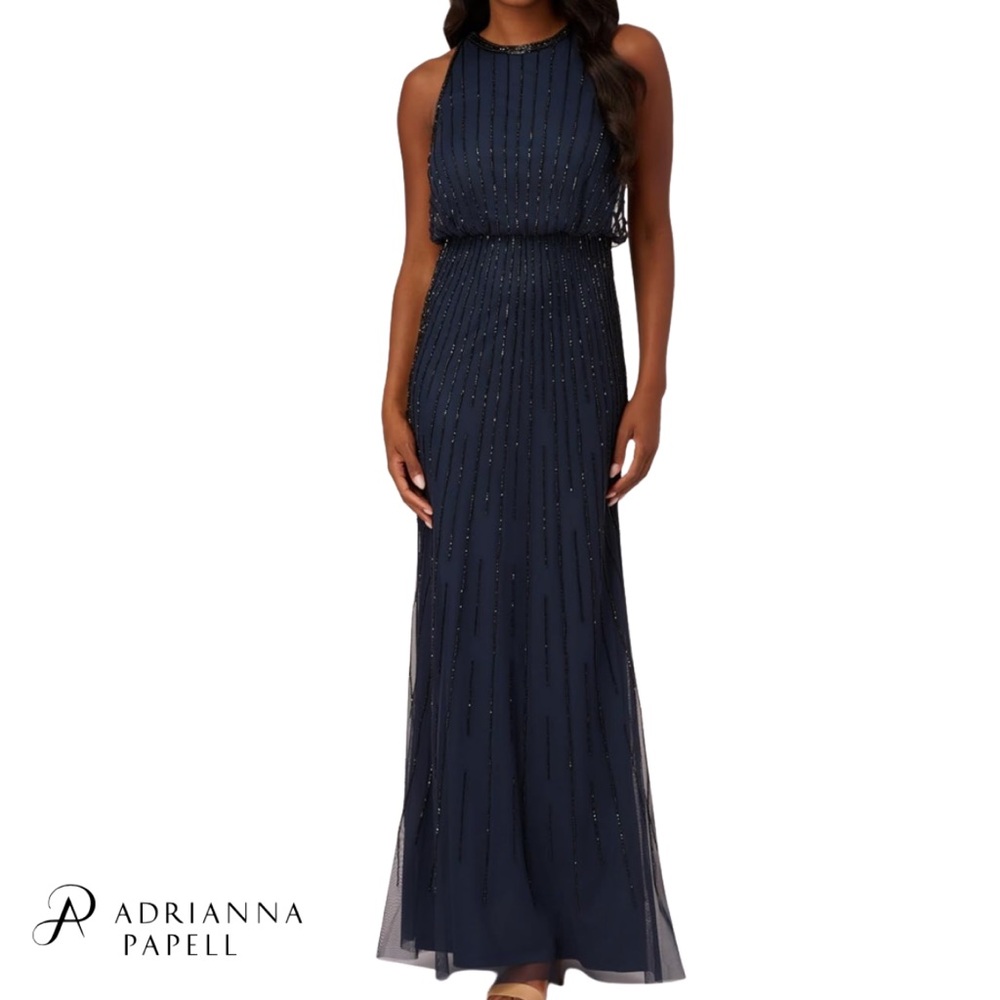 Adrianna Papell Beaded Blouson Long Dress Navy / Black